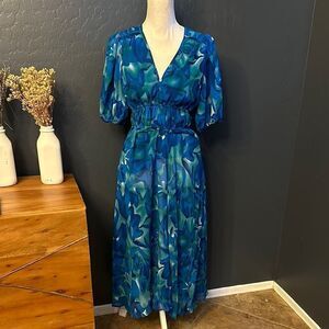 Blue Midi Dress with‎ Ruffled Tiered Skirt